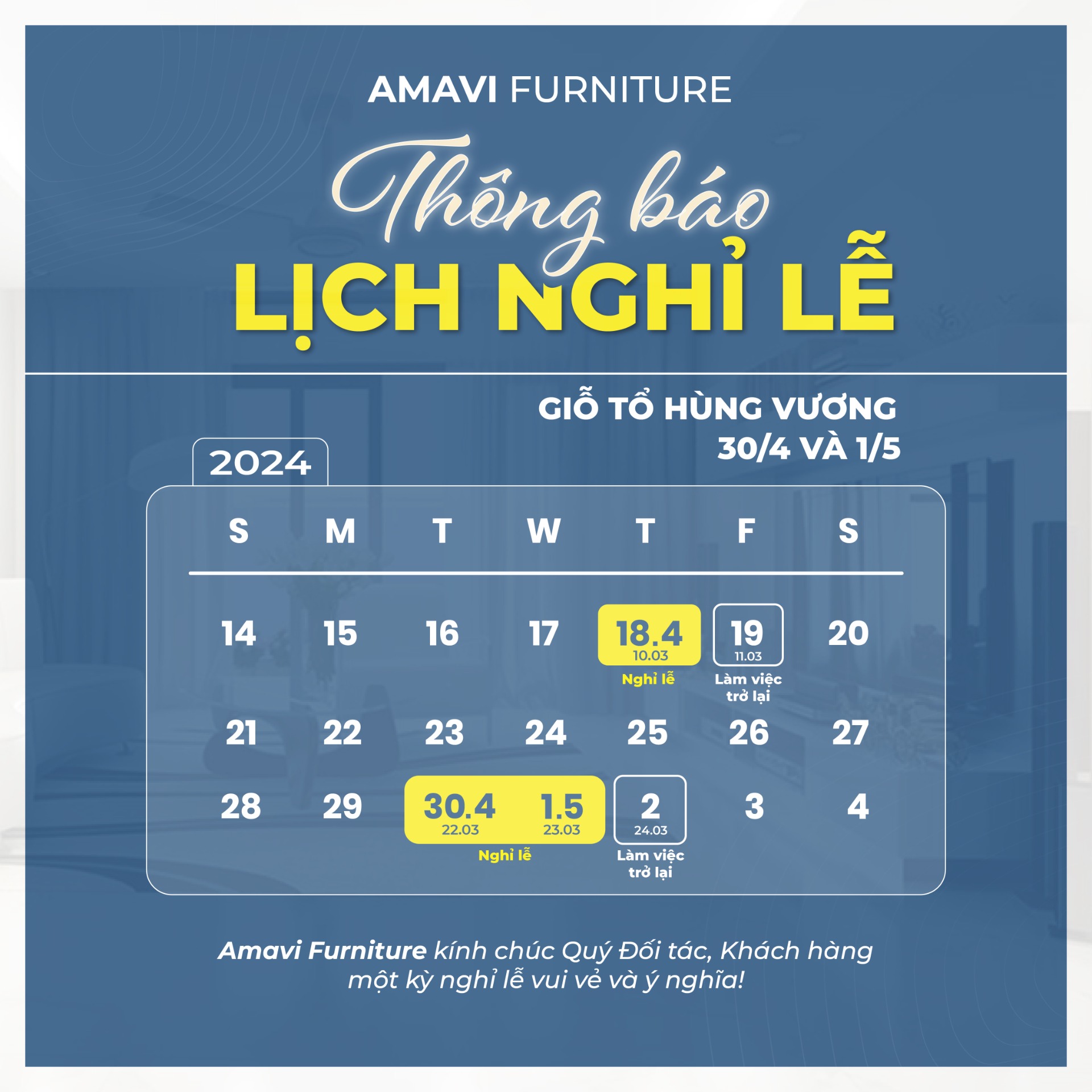 THÔNG BÁO LỊCH NGHỈ LỄ GIỖ TỔ HÙNG VƯƠNG VÀ 30/4 - 1/5