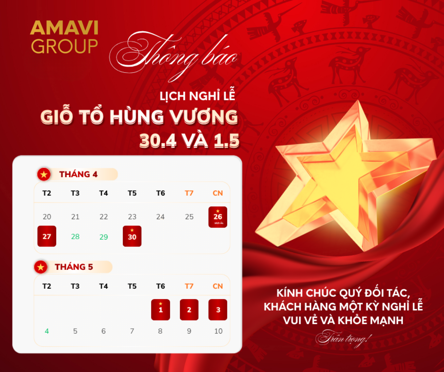 AMAVI – Thông báo lịch nghỉ lễ Giỗ Tổ Hùng Vương & 30/4 – 1/5